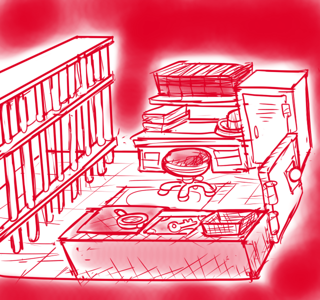 Size: 640x600 | Tagged: safe, artist:ficficponyfic, derpibooru import, part of a set, cyoa:madness in mournthread, bars, bookshelf, cyoa, desk, door, drawers, key, locker, monochrome, mystery, part of a series, room layout, story included, table