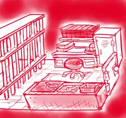 Size: 640x600 | Tagged: safe, artist:ficficponyfic, derpibooru import, part of a set, cyoa:madness in mournthread, bars, bookshelf, cyoa, desk, door, drawers, key, locker, monochrome, mystery, part of a series, room layout, story included, table