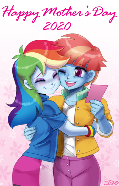 Size: 1000x1554 | Tagged: safe, artist:johnjoseco, derpibooru import, rainbow dash, windy whistles, human, ask gaming princess luna, equestria girls, clothes, cute, dashabetes, digital art, duo, equestria girls-ified, female, hug, mother and child, mother and daughter, mother's day, windybetes