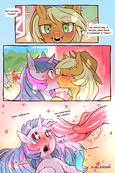 Size: 960x1440 | Tagged: questionable, artist:cold-blooded-twilight, derpibooru import, applejack, big macintosh, spike, twilight sparkle, twilight sparkle (alicorn), alicorn, earth pony, pony, cold blooded twilight, comic:cold storm, blushing, comic, cowboy hat, dialogue, drool, female, freckles, french kiss, glowing eyes, hat, kissing, lesbian, open mouth, panting, salivating, shipping, smiling, sweat, sweet apple acres, teary eyes, tongue out, tongue play, twijack