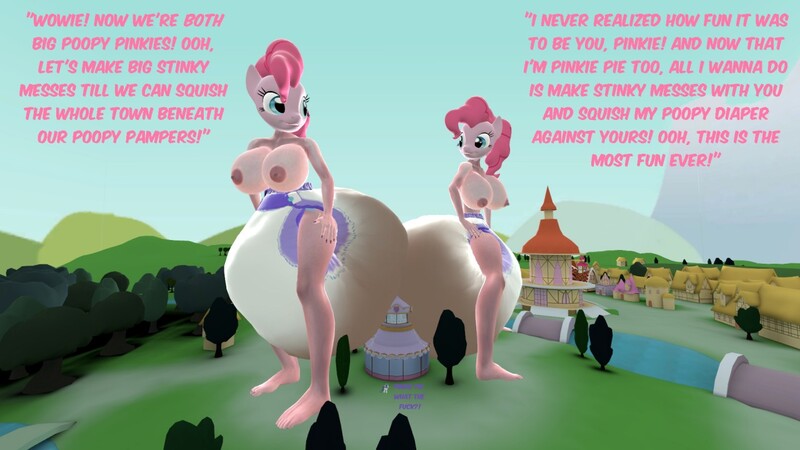 Size: 1280x720 | Tagged: questionable, artist:nightsoil, derpibooru import, pinkie pie, rarity, anthro, plantigrade anthro, pony, unicorn, 3d, big breasts, breasts, busty pinkie pie, carousel boutique, character to character, clothes, dialogue, diaper, diaper fetish, female, fetish, giantess, growth, huge breasts, implied twilight sparkle, impossibly large diaper, looking back, macro, messy diaper, nipples, nudity, outdoors, partial nudity, pony to anthro, ponyville, poofy diaper, poop, poopy diaper, public, scat, self ponidox, standing, topless, transformation, twinning, wtf