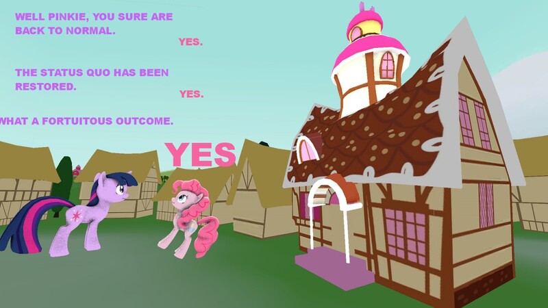 Size: 1280x720 | Tagged: safe, artist:nightsoil, derpibooru import, pinkie pie, twilight sparkle, earth pony, pony, unicorn, 3d, alternate ending, cutie mark, dialogue, female, joke, outdoors, ponyville, sugarcube corner, tail, yes