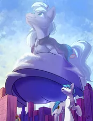 Size: 4264x5523 | Tagged: safe, artist:tsitra360, derpibooru import, oc, oc:saros nebula, oc:snap feather, unofficial characters only, pony, unicorn, city, cosmic wizard, frog (hoof), giant pony, giant unicorn, imminent crushing, looming, looming over, macro, mega giant, size difference, underhoof, wizard, wizard robe