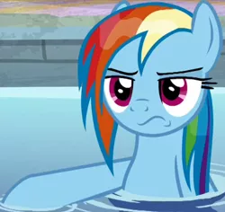 Size: 824x778 | Tagged: safe, derpibooru import, screencap, rainbow dash, pegasus, pony, deep tissue memories, spoiler:deep tissue memories, spoiler:mlp friendship is forever, cropped, pouting, solo, water, wet, wet mane, wet mane rainbow dash