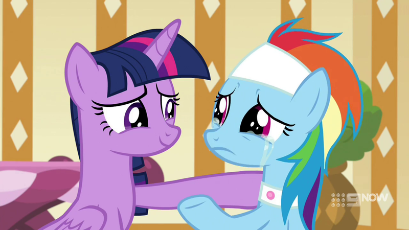 Size: 1280x720 | Tagged: safe, derpibooru import, screencap, rainbow dash, twilight sparkle, twilight sparkle (alicorn), alicorn, pegasus, pony, deep tissue memories, spoiler:deep tissue memories, spoiler:mlp friendship is forever, crying, duo, female, mare, spa pony rainbow dash