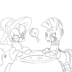 Size: 1500x1500 | Tagged: safe, artist:anonymous, derpibooru import, cauldron bubbles, zecora, oc, pony, unicorn, zebra, /mlp/, :p, black and white, bottle, cauldron, drawthread, ear piercing, earring, glasses, grayscale, hat, jewelry, lineart, monochrome, piercing, potion, tongue out, unshorn fetlocks, witch hat