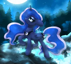 Size: 2238x2030 | Tagged: safe, artist:joakaha, derpibooru import, princess luna, alicorn, pony, cute, ethereal mane, female, floppy ears, forest, high res, jewelry, looking at each other, looking up, lunabetes, mare, moon, night, one hoof raised, profile, raised hoof, regalia, solo, stars