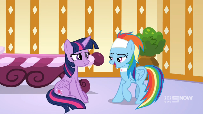 Size: 1920x1080 | Tagged: safe, derpibooru import, screencap, rainbow dash, twilight sparkle, twilight sparkle (alicorn), alicorn, pegasus, pony, deep tissue memories, spoiler:deep tissue memories, spoiler:mlp friendship is forever, female, ponyville spa, spa pony rainbow dash