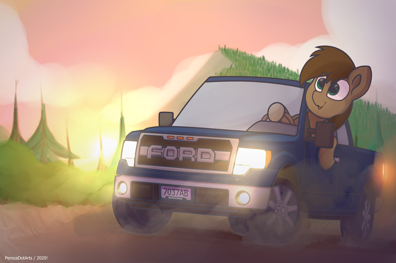 Size: 3000x2000 | Tagged: safe, artist:perezadotarts, derpibooru import, oc, unofficial characters only, pony, car, driving, dust, ford, ford f-150, ford f-150 raptor, ford raptor, forest, license plate, male, pickup truck, smiling, solo, text, truck, vehicle