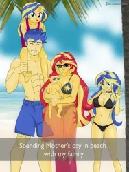 Size: 1130x1500 | Tagged: safe, artist:chuyryu, derpibooru import, flash sentry, sunset shimmer, oc, oc:aura dawn, oc:evening glow(chuyryu), equestria girls, abs, absolute cleavage, baby, beach, belly button, bikini, breasts, child, cleavage, clothes, family photo, father and child, father and daughter, female, flashimmer, male, mother and child, mother and daughter, offspring, older, older flash sentry, older sunset, parent:flash sentry, parent:sunset shimmer, parents:flashimmer, sarong, shipping, siblings, sisters, straight, swimming trunks, swimsuit