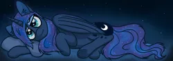 Size: 5040x1800 | Tagged: safe, alternate version, artist:magic horse, derpibooru import, princess luna, alicorn, pony, female, lidded eyes, looking at you, lying down, mare, night, side, smiling, smiling at you, solo, stars