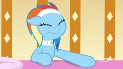 Size: 1920x1080 | Tagged: safe, derpibooru import, screencap, rainbow dash, deep tissue memories, spoiler:deep tissue memories, spoiler:mlp friendship is forever, cute, dashabetes, eyes closed, faic, smiling, spa pony rainbow dash