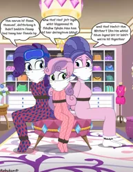 Size: 785x1018 | Tagged: safe, artist:robukun, derpibooru import, cookie crumbles, rarity, sweetie belle, equestria girls, arm behind back, bondage, bound and gagged, cloth gag, clothes, equestria girls-ified, female, footed sleeper, footie pajamas, gag, mother and child, mother and daughter, mother's day, muffled words, nightgown, otn gag, over the nose gag, pajamas, siblings, sisters, sleep mask, tied up