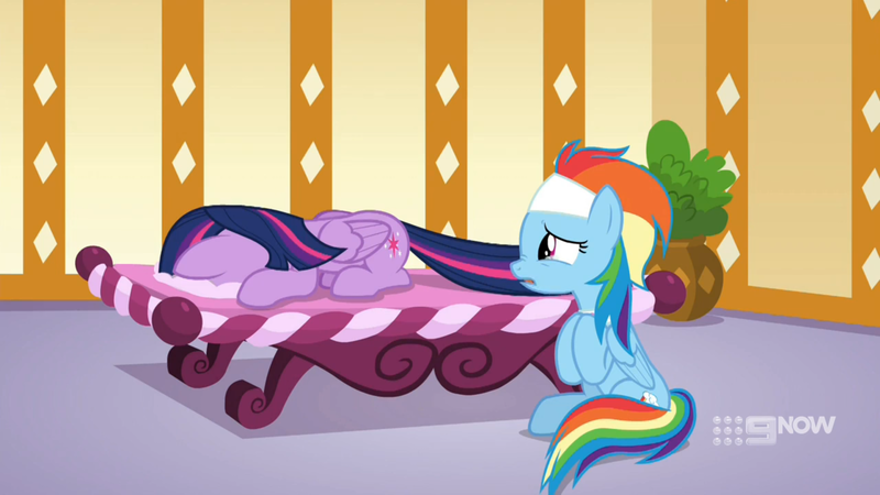 Size: 1920x1080 | Tagged: alicorn, crying, deep tissue memories, derpibooru import, massage table, rainbow dash, safe, screencap, spa pony rainbow dash, spoiler:deep tissue memories, spoiler:mlp friendship is forever, teary eyes, twilight sparkle, twilight sparkle (alicorn)