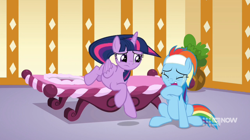 Size: 1920x1080 | Tagged: safe, derpibooru import, screencap, rainbow dash, twilight sparkle, twilight sparkle (alicorn), alicorn, deep tissue memories, spoiler:deep tissue memories, spoiler:mlp friendship is forever, crying, cute, dashabetes, duo, eyes closed, massage table, sad, sadorable, spa pony rainbow dash