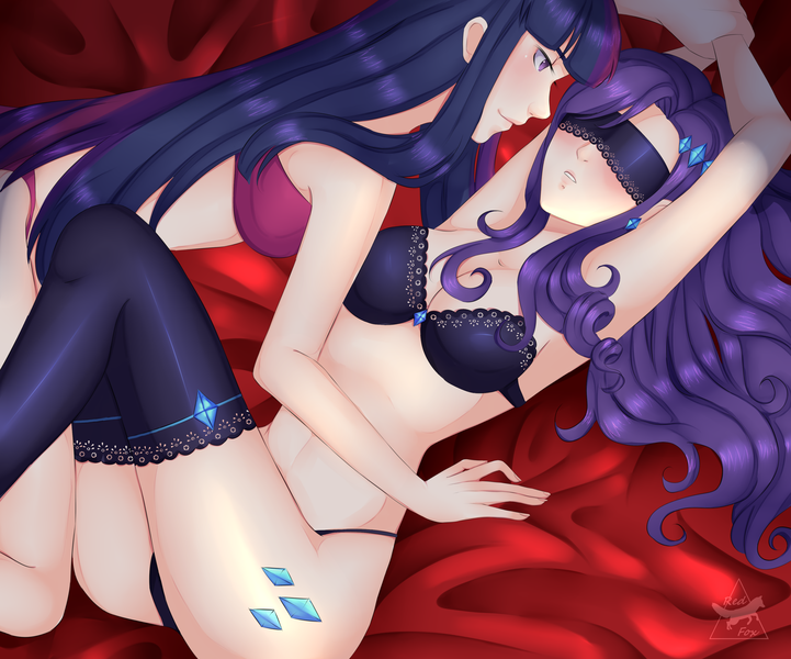 Size: 3606x3000 | Tagged: armpits, artist:asyaredfox, bed, blindfold, blushing, bra, breasts, clothes, cutie mark, cutie mark on human, cutie mark tattoo, derpibooru import, ear piercing, earring, female, femsub, hairclip, human, humanized, jewelry, laying on bed, lesbian, on bed, panties, piercing, rarilight, rarisub, rarity, shipping, sleeveless, socks, stockings, submissive, suggestive, tattoo, thigh highs, twilight sparkle, underwear