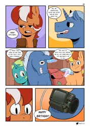 Size: 2893x4092 | Tagged: safe, artist:raph13th, derpibooru import, oc, oc:cherish, oc:roulette, oc:true blue (fallout equestria: red 36), oc:zap, unofficial characters only, earth pony, unicorn, comic:that day, fallout equestria, fallout equestria: red 36, bag, comforting, comic, fanfic art, looking to side, magic, pipbuck, sad, saddle bag, sigh, smiling