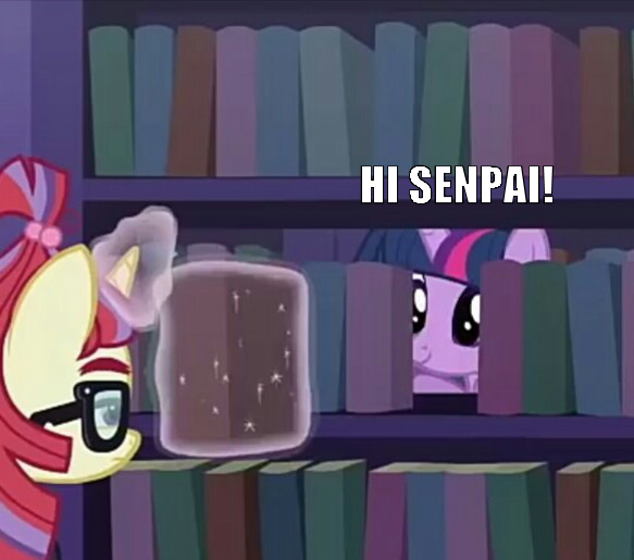 Size: 583x515 | Tagged: alicorn, amending fences, book, bookshelf, caption, cropped, derpibooru import, duo, edit, edited screencap, image macro, moondancer, safe, screencap, senpai, text, twilight sparkle, twilight sparkle (alicorn)