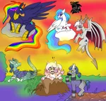 Size: 3700x3500 | Tagged: safe, artist:sapphirus, derpibooru import, oc, alicorn, dragon, earth pony, pegasus, pony, unicorn, commission, event horizon, female, hybrids, male, mane 6 alternative universe, mare, stallion, sunset