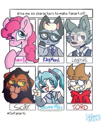 Size: 1080x1307 | Tagged: safe, artist:skimmymilk_official, derpibooru import, anthro, big cat, cat, earth pony, human, lion, pony, six fanarts, animal crossing, anthro with ponies, beastars, bust, clothes, crossover, eddsworld, female, glasses, grin, hatsune miku, hoodie, legosi (beastars), mare, necktie, one eye closed, raymond, scar (the lion king), smiling, the lion king, tord, wink