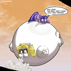 Size: 4000x4000 | Tagged: safe, artist:metalface069, derpibooru import, twilight sparkle, oc, oc:parchment bleach, oc:pretty paper, pony, air inflation, bingo wings, blimp, body inflation, commission, crossgender, deflation, glasses, inflation, magic inflation, male to female, puffy cheeks, rule 63, spell, ych result