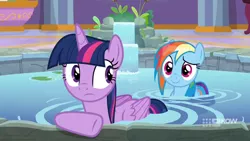 Size: 1280x720 | Tagged: safe, derpibooru import, screencap, rainbow dash, twilight sparkle, twilight sparkle (alicorn), alicorn, pegasus, pony, deep tissue memories, spoiler:deep tissue memories, spoiler:mlp friendship is forever, duo, female, folded wings, frown, hot tub, looking at each other, looking back, mare, multicolored mane, ponyville spa, raised eyebrow, smiling, water, wet, wet mane, wet mane rainbow dash, wings