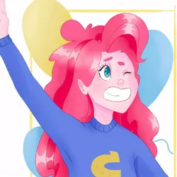 Size: 1080x1080 | Tagged: safe, alternate version, artist:nyume_e, derpibooru import, pinkie pie, equestria girls, balloon, bust, clothes, female, grin, one eye closed, peace sign, smiling, solo, text, wink