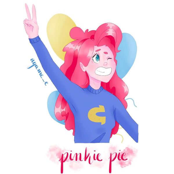 Size: 1080x1080 | Tagged: safe, alternate version, artist:nyume_e, derpibooru import, pinkie pie, equestria girls, balloon, bust, clothes, female, grin, one eye closed, peace sign, smiling, solo, text, wink