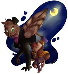 Size: 5368x5840 | Tagged: safe, artist:mapleicious, artist:mapleiciousmlp, derpibooru import, oc, oc:appleale, oc:steelwinghollowtooth, unofficial characters only, earth pony, gryphon, a hat in time, clothes, conductor, costume, female, halloween, halloween costume, hat girl, holiday, male, mare, moon, night, nightmare night, nightmare night costume, pumpkin, pumpkin bucket, simple background, transparent background, unshorn fetlocks