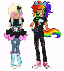Size: 917x1024 | Tagged: artist:zukosbf, boots, clothes, converse, cutie mark, cutie mark on clothes, derpibooru import, fake ears, fake tail, fluttershy, human, humanized, jeans, pants, rainbow dash, ripped pants, safe, scene, shirt, shoes, simple background, skirt, sneakers, white background