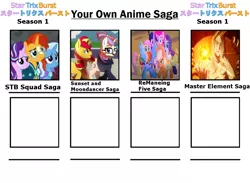 Size: 1024x750 | Tagged: safe, derpibooru import, applejack, fluttershy, moondancer, pinkie pie, rainbow dash, rarity, spike, starlight glimmer, sunburst, sunset shimmer, trixie, twilight sparkle, twilight sparkle (alicorn), alicorn, dragon, earth pony, human, pegasus, pony, unicorn, my little pony: the movie, the ending of the end, anime, cape, clothes, crossover, father (fma), female, fullmetal alchemist, glasses, japanese, logo, male, mane seven, mane six, mare, meme, robe, staff, staff of sacanas, stallion, sunburst's glasses, sunburst's robe, sweater, trixie's cape, wrong aspect ratio