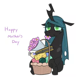 Size: 722x733 | Tagged: artist:jargon scott, awww, changeling, changeling queen, comic, crying, cute, cutealis, derpibooru import, edit, editor:dsp2003, female, floppy ears, gift basket, mare, mommy chrissy, mother's day, queen chrysalis, safe, single panel, solo, teary eyes
