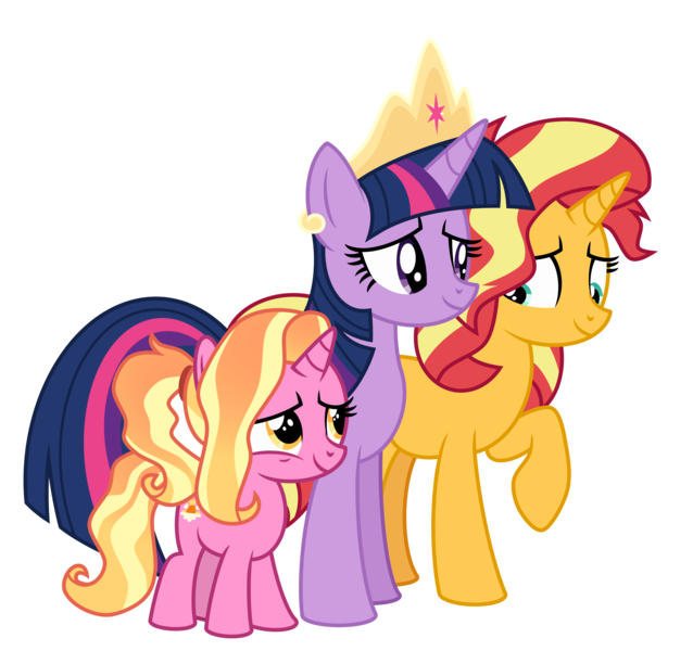 Size: 6400x6018 | Tagged: safe, artist:emeraldblast63, derpibooru import, luster dawn, sunset shimmer, twilight sparkle, twilight sparkle (alicorn), alicorn, pony, unicorn, the last problem, female, filly, filly luster dawn, implied magical lesbian spawn, mare, simple background, transparent background, younger