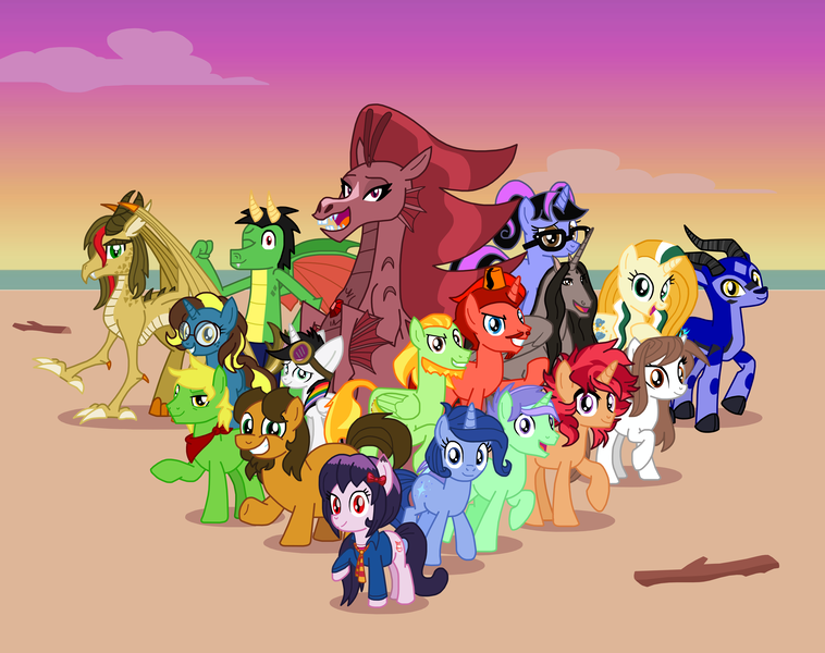 Size: 2753x2179 | Tagged: safe, artist:emeraldblast63, derpibooru import, oc, oc:alex the chubby pony, oc:brass polish, oc:bright idea, oc:cassey, oc:cloudy glow, oc:emerald blast, oc:evenstar gleam, oc:janey, oc:jasper pie, oc:lightning bliss, oc:mezma, oc:namygaga, oc:pixelkitties, oc:space shift, oc:trail grazer, oc:vector, oc:wee pony, unofficial characters only, alicorn, cat, cat pony, dracony, dragon, earth pony, gazelle, hybrid, original species, pegasus, pony, siren, unicorn, alicorn oc, artists, beach, horn, wings