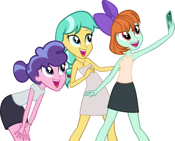 Size: 4040x3268 | Tagged: safe, artist:ironm17, derpibooru import, berry blend, berry bliss, citrine spark, fire quacker, peppermint goldylinks, equestria girls, armpits, clothes, dress, equestria girls-ified, friendship student, mobile phone, phone, selfie, shirt, shoulderless, simple background, skirt, sleeveless, t-shirt, transparent background, vector