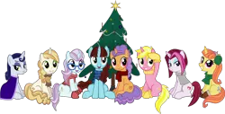 Size: 4622x2342 | Tagged: safe, artist:ironm17, derpibooru import, cayenne, citrus blush, moonlight raven, north point, pretzel twist, say cheese, sunshine smiles, sweet biscuit, pony, christmas, christmas tree, clothes, earmuffs, high res, holiday, scarf, simple background, transparent background, tree, vector, winter clothes, winter outfit