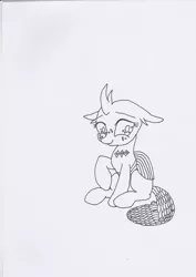 Size: 480x678 | Tagged: artist:electric spark, changedling, changedling oc, changeling, changeling oc, cute, derpibooru import, exobetes, female, monochrome, oc, oc:exo the changeling, one hoof raised, safe, simple background, sitting, smiling, teenager, traditional art, white background, wip