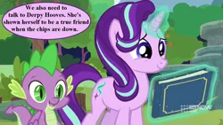 Size: 1280x720 | Tagged: safe, derpibooru import, edit, edited screencap, screencap, spike, starlight glimmer, dragon, pony, unicorn, memnagerie, spoiler:memnagerie, channel 9, cute, female, glimmerbetes, glowing horn, horn, implied derpy, magic, magic aura, male, mare, scrapbook, smiling, speech, speech bubble, spikabetes, talking, telekinesis