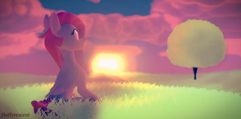 Size: 1920x953 | Tagged: safe, artist:fluffyrescent, derpibooru import, pegasus, pony, cloud, grass, grass field, outdoors, solo, sun, sunrise, sunset, tree