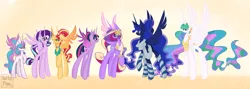 Size: 3360x1200 | Tagged: safe, artist:sunnypaw121, derpibooru import, princess cadance, princess celestia, princess flurry heart, princess luna, starlight glimmer, sunset shimmer, twilight sparkle, twilight sparkle (alicorn), alicorn, pony, alicornified, clothes, jewelry, race swap, regalia, royal sisters, scarf, shimmercorn, socks, starlicorn, striped socks, xk-class end-of-the-world scenario