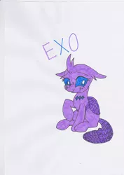 Size: 480x678 | Tagged: artist:electric spark, changedling, changedling oc, changeling, changeling oc, colored, color edit, cute, derpibooru import, edit, exobetes, female, freckles, looking at you, oc, oc:exo the changeling, purple changeling, safe, shy, shy smile, simple background, sitting, smiling, smiling at you, teenager, text, traditional art, white background
