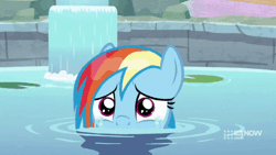 Size: 800x450 | Tagged: safe, derpibooru import, screencap, rainbow dash, pegasus, deep tissue memories, spoiler:deep tissue memories, spoiler:mlp friendship is forever, 9go, animated, crying, cute, daaaaaaaaaaaw, dashabetes, dhx is trying to murder us, female, gif, hnnng, mare, ponyville spa, sad, sadorable, solo, water, wet, wet mane, wet mane rainbow dash, wiping tears