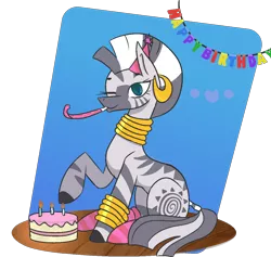 Size: 1184x1124 | Tagged: artist:cosmiccookies3, birthday, birthday cake, birthday gift, bracelet, cake, candle, clothes, commission, derpibooru import, ear piercing, earring, female, fire, food, hat, jewelry, neck rings, one eye closed, party hat, piercing, raised hoof, safe, simple background, sitting, socks, solo, striped socks, transparent background, wink, zebra, zecora
