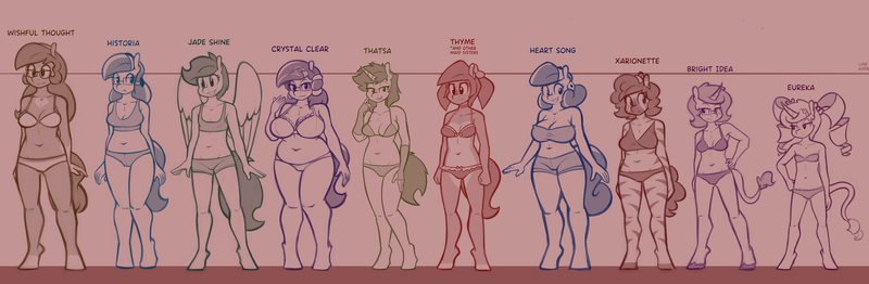 Size: 7674x2512 | Tagged: suggestive, artist:whatsapokemon, derpibooru import, oc, oc:bright idea, oc:crystal clear, oc:eureka, oc:heart song, oc:historia, oc:jade shine, oc:thatsapony, oc:thyme, oc:wishful thought, oc:xarionette, anthro, classical unicorn, crystal pony, earth pony, pegasus, unguligrade anthro, unicorn, zebra, belly button, blaze (coat marking), boyshorts, bra, breasts, chubby, cleavage, clothes, cloven hooves, crop top bra, female, frilly underwear, glasses, height scale, leonine tail, pale belly, panties, ribbon, underwear, unshorn fetlocks