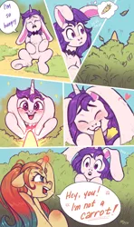 Size: 1668x2813 | Tagged: safe, artist:amishy, derpibooru import, oc, oc:lapush buns, oc:sheron, unofficial characters only, bunnycorn, pony, unicorn, angry, bait and switch, bunny ears, bush, carrot, comic, crying, female, food, heart, horn bite, hungry, male, mare, stallion, stomach growl, stomach noise, straight, teary eyes, thinking
