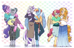 Size: 4000x2601 | Tagged: safe, artist:djkaskan, derpibooru import, cloudy quartz, cookie crumbles, pear butter, posey shy, twilight velvet, windy whistles, anthro, earth pony, pegasus, unguligrade anthro, unicorn, arm hooves, carrying, clothes, female, glasses, hug, mare, mom six, pants, pregnant, skirt, winghug