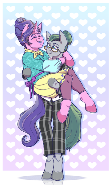 Size: 1580x2601 | Tagged: safe, artist:djkaskan, derpibooru import, cloudy quartz, cookie crumbles, anthro, earth pony, unguligrade anthro, unicorn, arm hooves, carrying, clothes, duo, female, glasses, mare, skirt, trousers