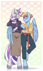 Size: 1580x2601 | Tagged: safe, artist:djkaskan, derpibooru import, twilight velvet, windy whistles, anthro, pegasus, unguligrade anthro, unicorn, arm hooves, belt, clothes, duo, female, hug, mare, skirt, smiley face, sweater, trousers, winghug