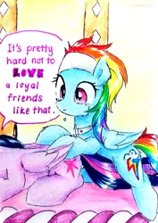 Size: 2252x3177 | Tagged: safe, artist:liaaqila, derpibooru import, rainbow dash, twilight sparkle, twilight sparkle (alicorn), alicorn, pegasus, pony, deep tissue memories, spoiler:deep tissue memories, crying, duo, spa pony rainbow dash, traditional art