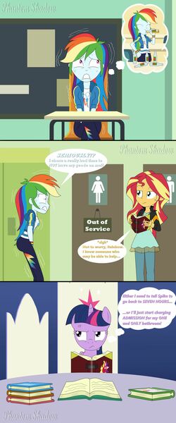 Size: 1920x4608 | Tagged: safe, artist:phantomshadow051, derpibooru import, rainbow dash, sunset shimmer, twilight sparkle, pony, comic:eqg:bursting rainbow, equestria girls, equestria girls series, apple cider, bathroom, bottle, comic, crossed legs, desperation, image, jpeg, need to pee, omorashi, out of order, potty dance, potty emergency, potty time, request, text, thought bubble, updated